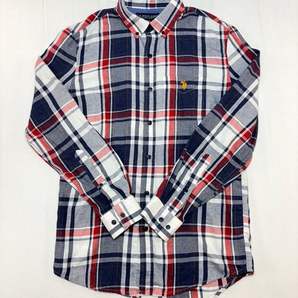 US Polo Assn Mens Small Plaid Button Down Shirt Navy Red White Long Sleeve